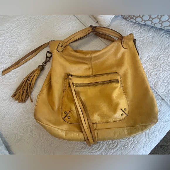 Well loved Lucky Brand 100% leather boho bag.  Large!  Yellow/distressed - Picture 3 of 15